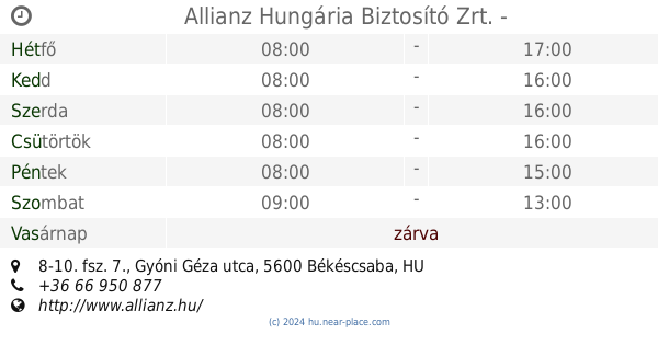 Allianz Hungária Biztosító Békéscsaba Nyitvatartás